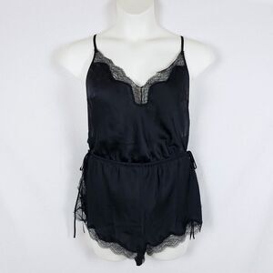 Victoria's Secret Lingerie Romper Womens L Black Lace-Up Romantic Boudoir Glam